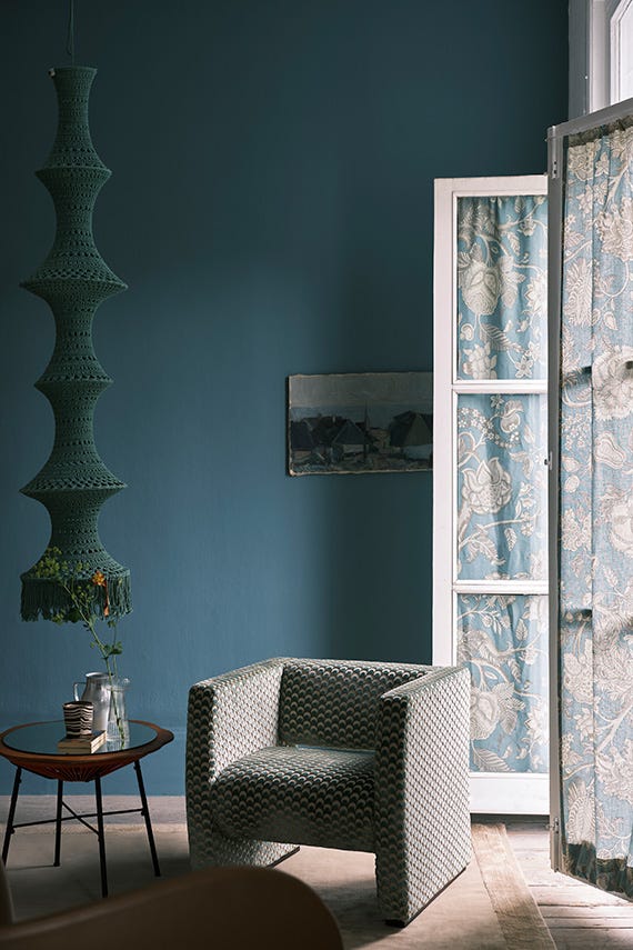 Berrington Blue No.14 by Farrow & Ball on a painted wall in a room setting