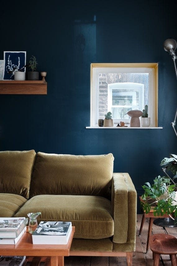 Hague Blue No.30 by Farrow & Ball on a painted wall in a room setting