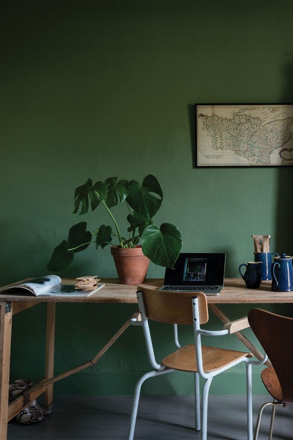 Calke Green No.34 by Farrow & Ball on a painted wall in a room setting