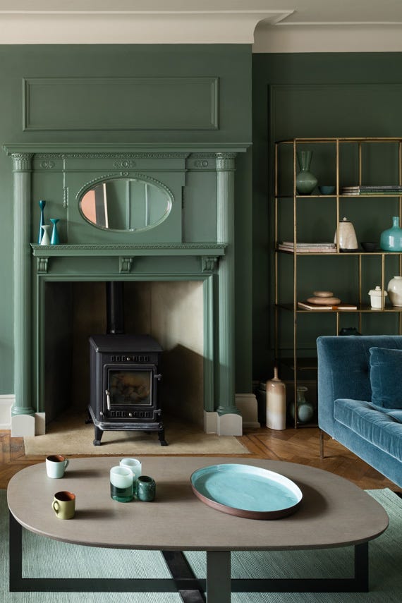 Green Smoke No.47 by Farrow & Ball on a painted wall in a room setting