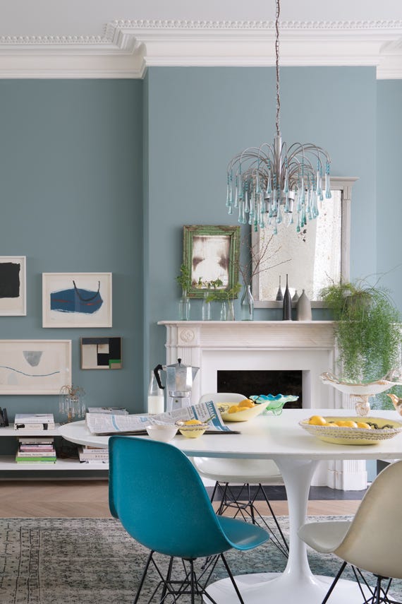 Oval Room Blue No.85 by Farrow & Ball on a painted wall in a room setting