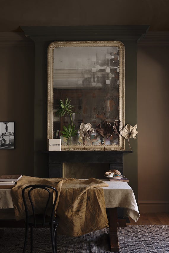 Broccoli Brown No.198 by Farrow & Ball on a painted wall in a room setting