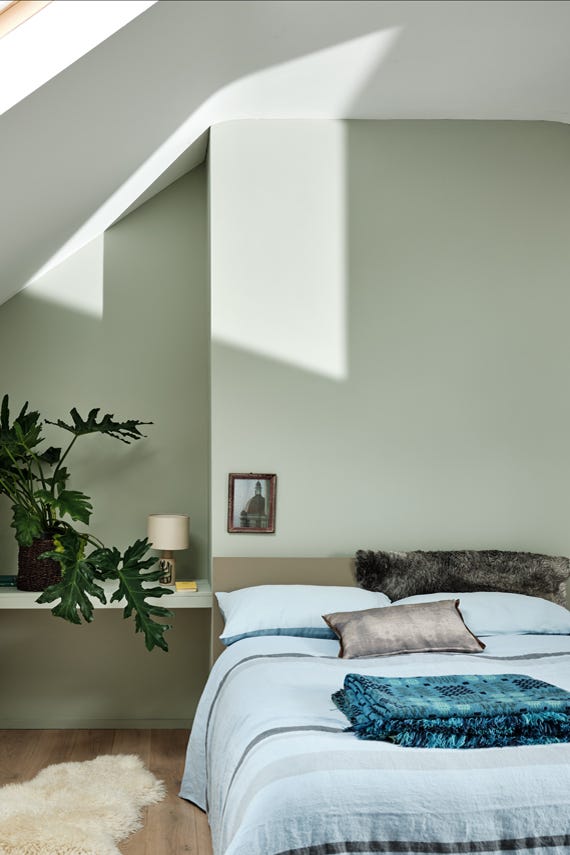 Mizzle No.266 by Farrow & Ball on a painted wall in a room setting