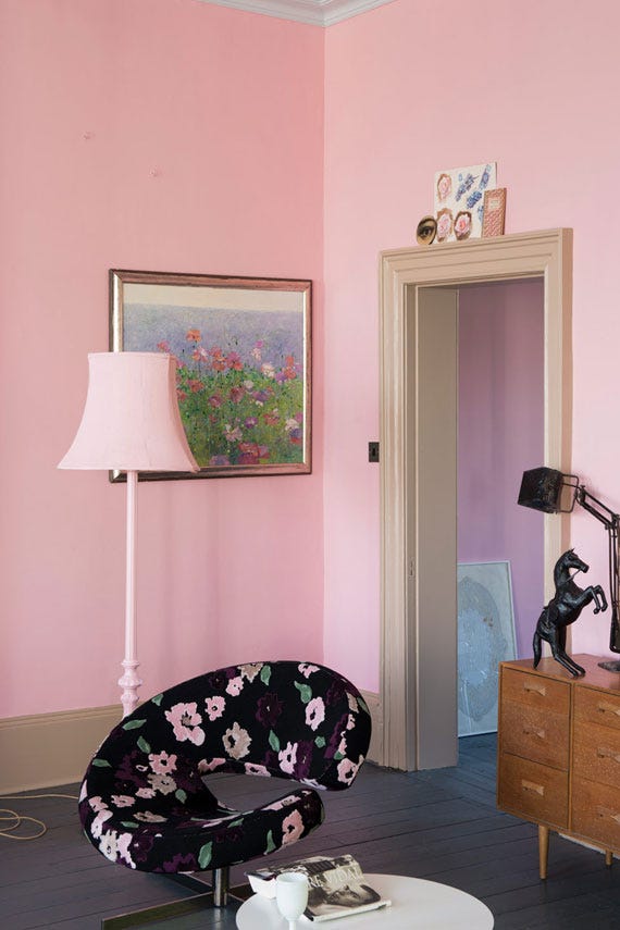 Nancy's Blushes No.278 by Farrow & Ball on a painted wall in a room setting