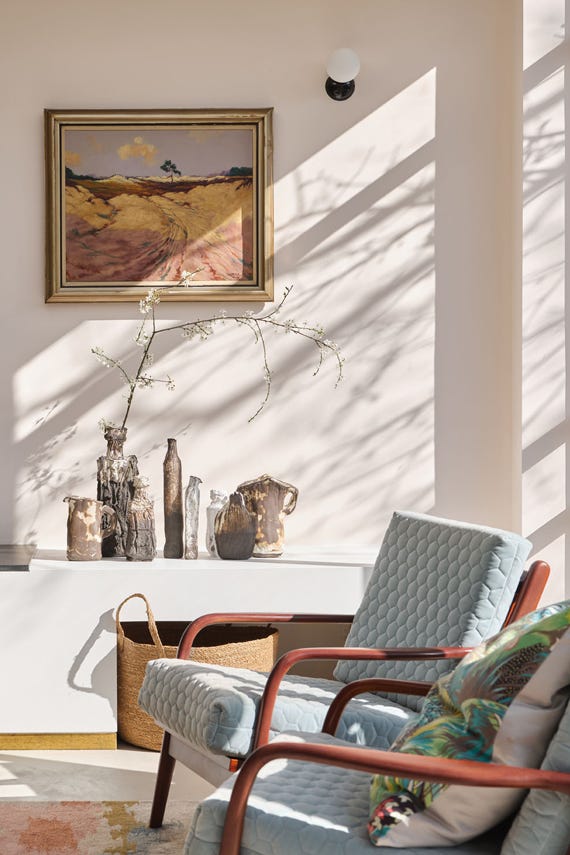 Tailor Tack No.302 by Farrow & Ball on a painted wall in a room setting