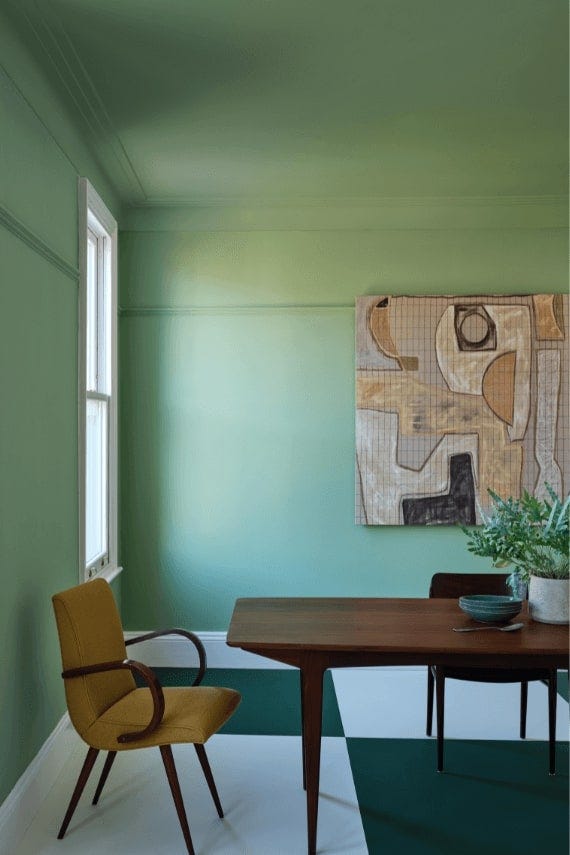 Whirlybird No.309 by Farrow & Ball on a painted wall in a room setting
