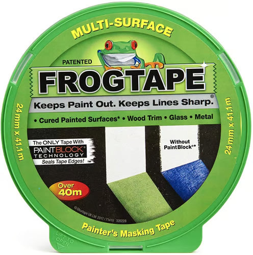 Green container of Frogtape painter's masking tape with branding and product features.