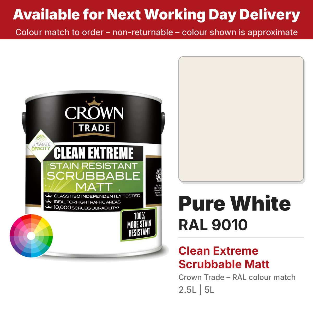 Crown Trade Clean Extreme Scrubbable Matt RAL 9010 Pure White colour swatch and tin