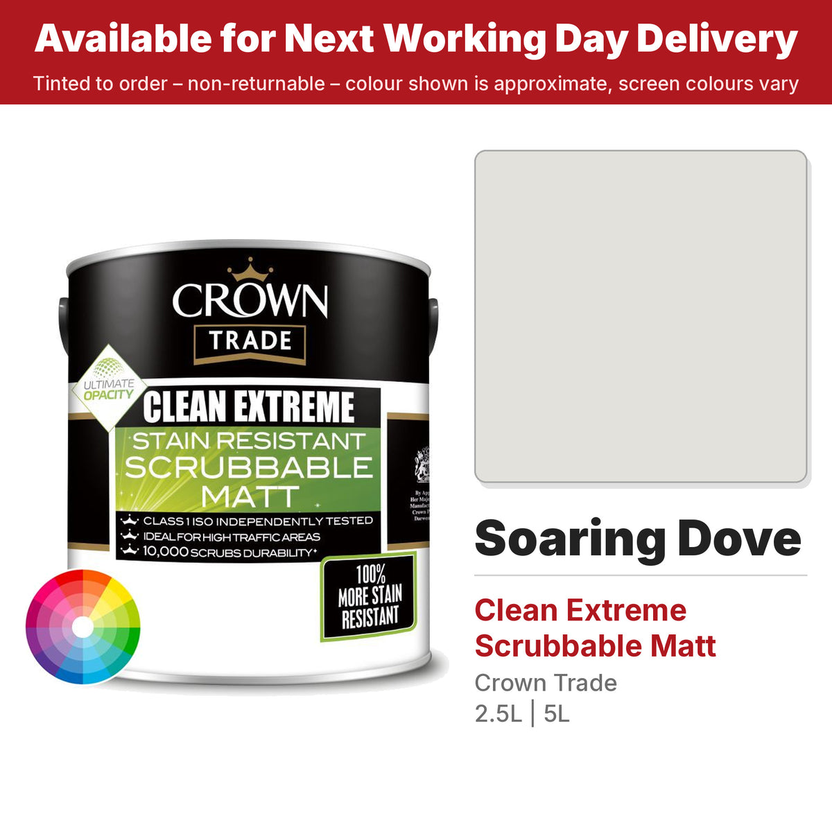 Crown Trade Clean Extreme Scrubbable Matt Soaring Dove colour swatch and tin