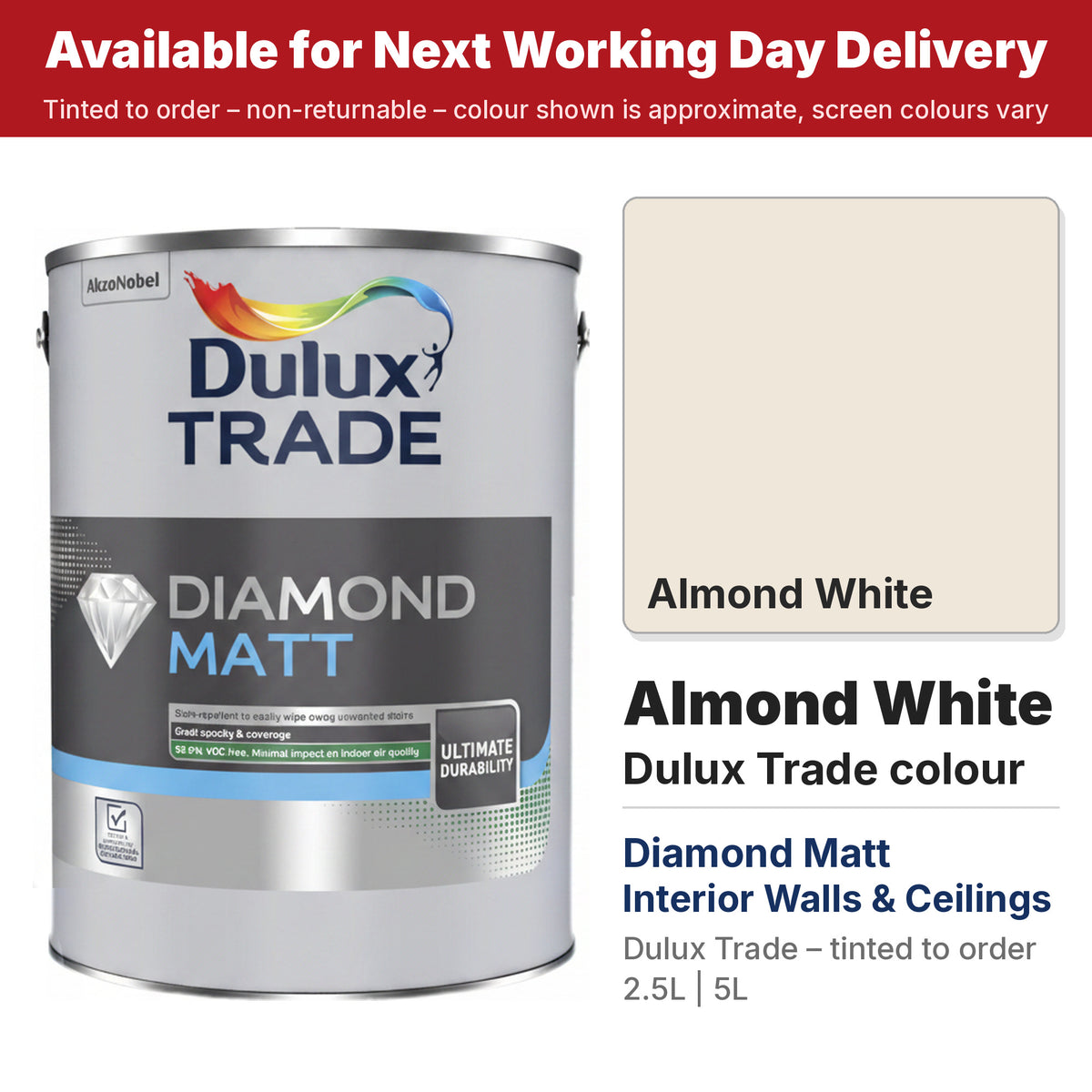 Dulux Trade Diamond Matt tin with Almond White colour swatch (#EFE7DA)