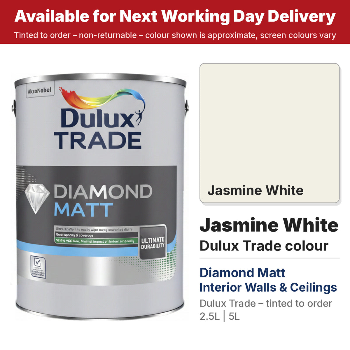 Dulux Trade Diamond Matt tin with Jasmine White colour swatch (#F2EFE5)