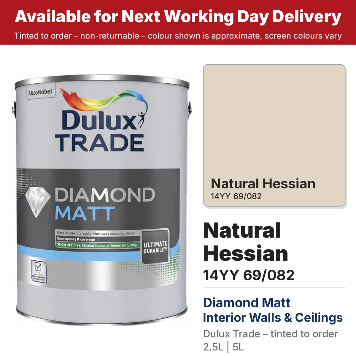 Dulux Trade Diamond Matt tin with Natural Hessian colour swatch (#E1D5C6)