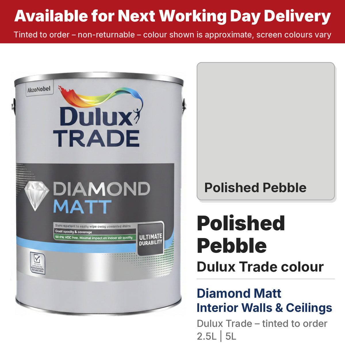 Dulux Trade Diamond Matt tin with Polished Pebble colour swatch (#D8D8D7)