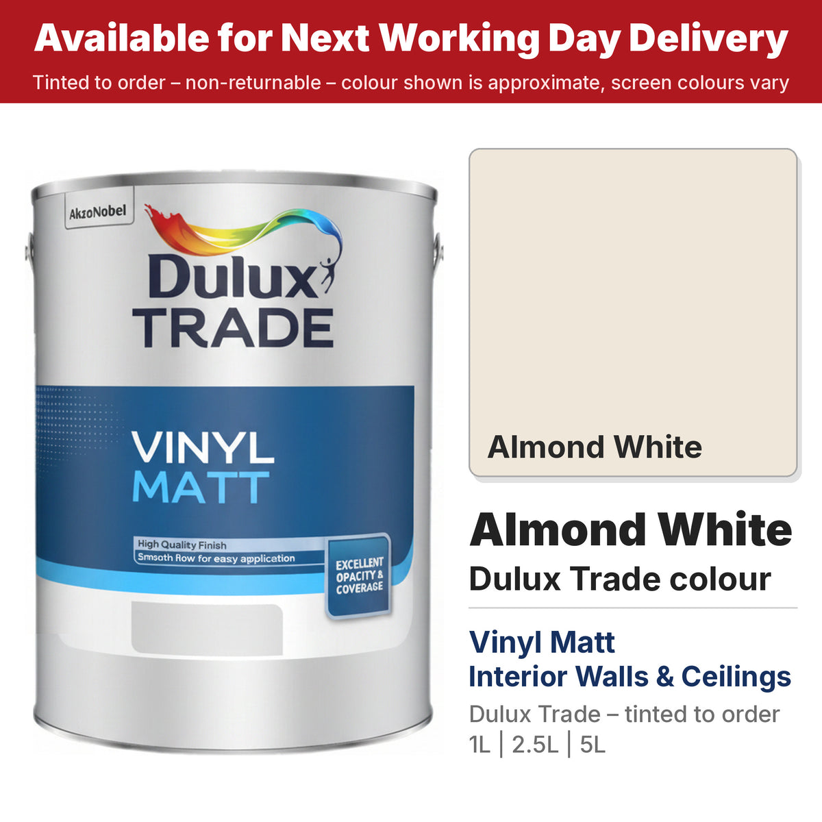 Dulux Trade Vinyl Matt tin with Almond White colour swatch (#EFE7DA)