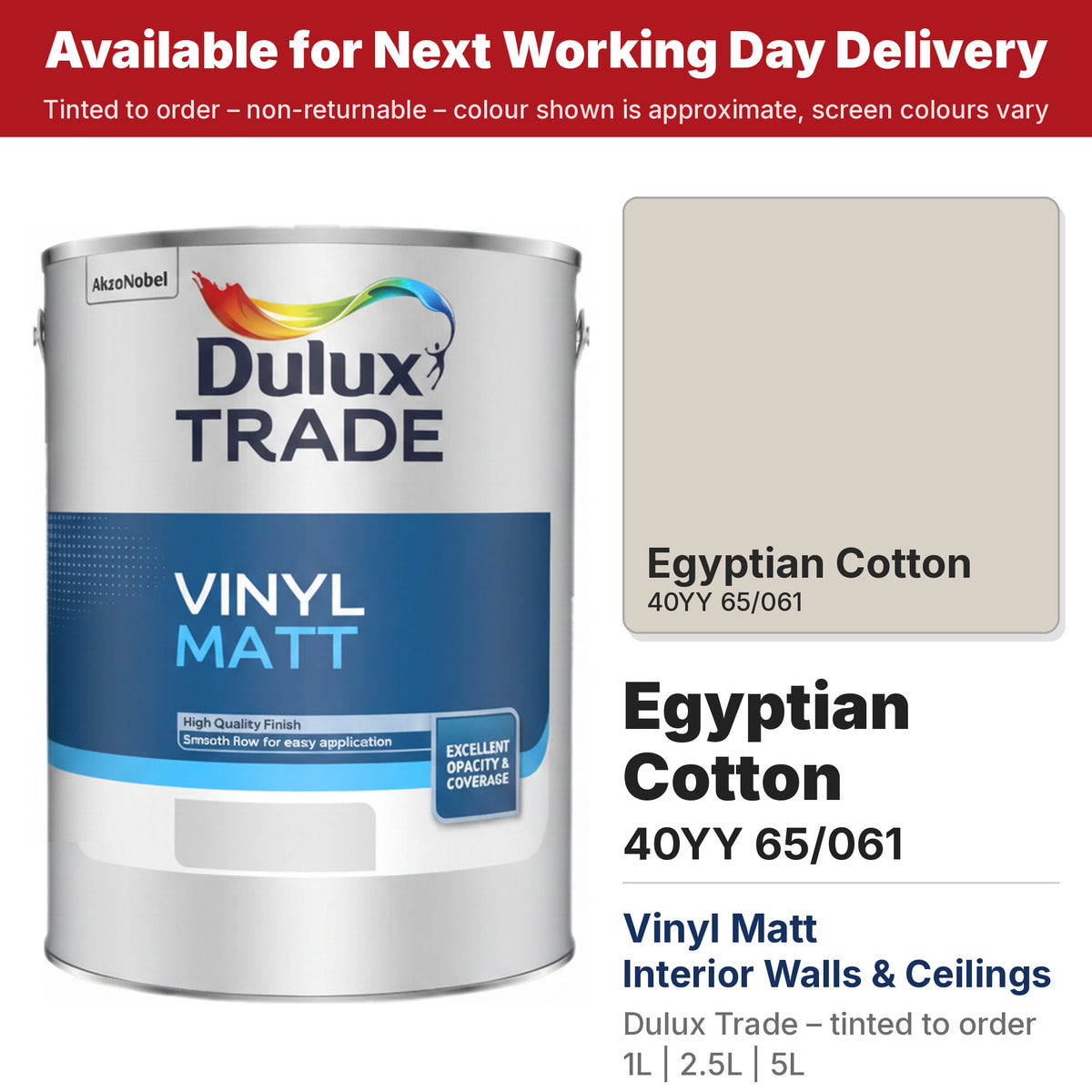 Dulux Trade Vinyl Matt tin with Egyptian Cotton colour swatch (#D8D1C5)