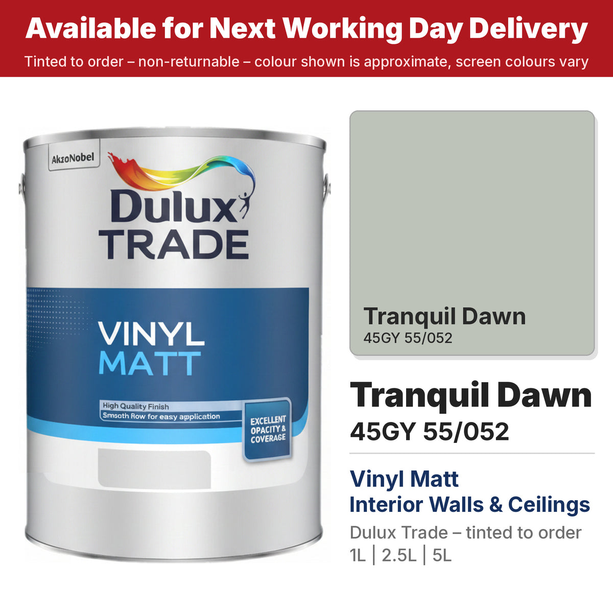 Dulux Trade Vinyl Matt tin with Tranquil Dawn colour swatch (#BDC3B9)