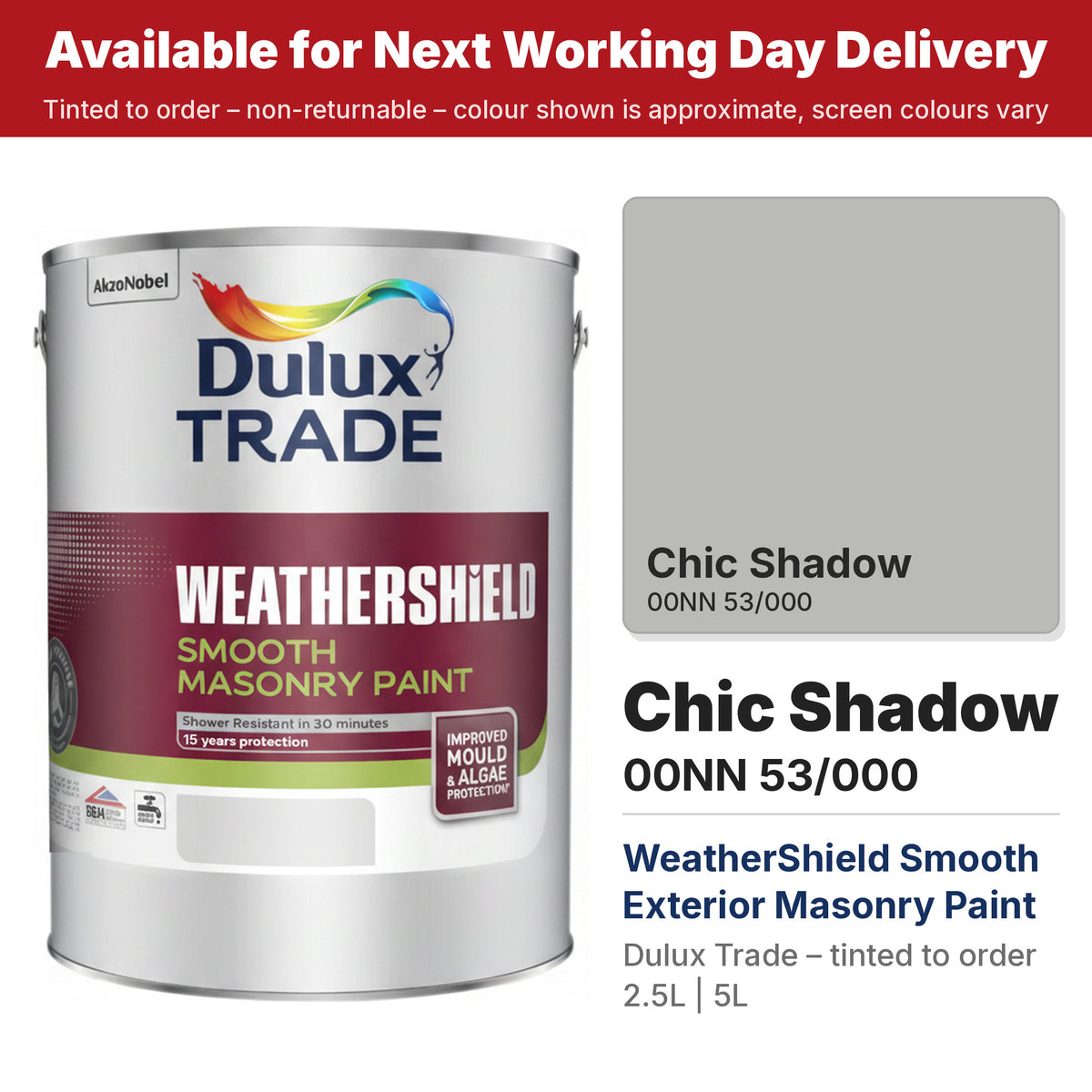 Dulux Trade WeatherShield Smooth Masonry tin with Chic Shadow colour swatch (#BABAB9)