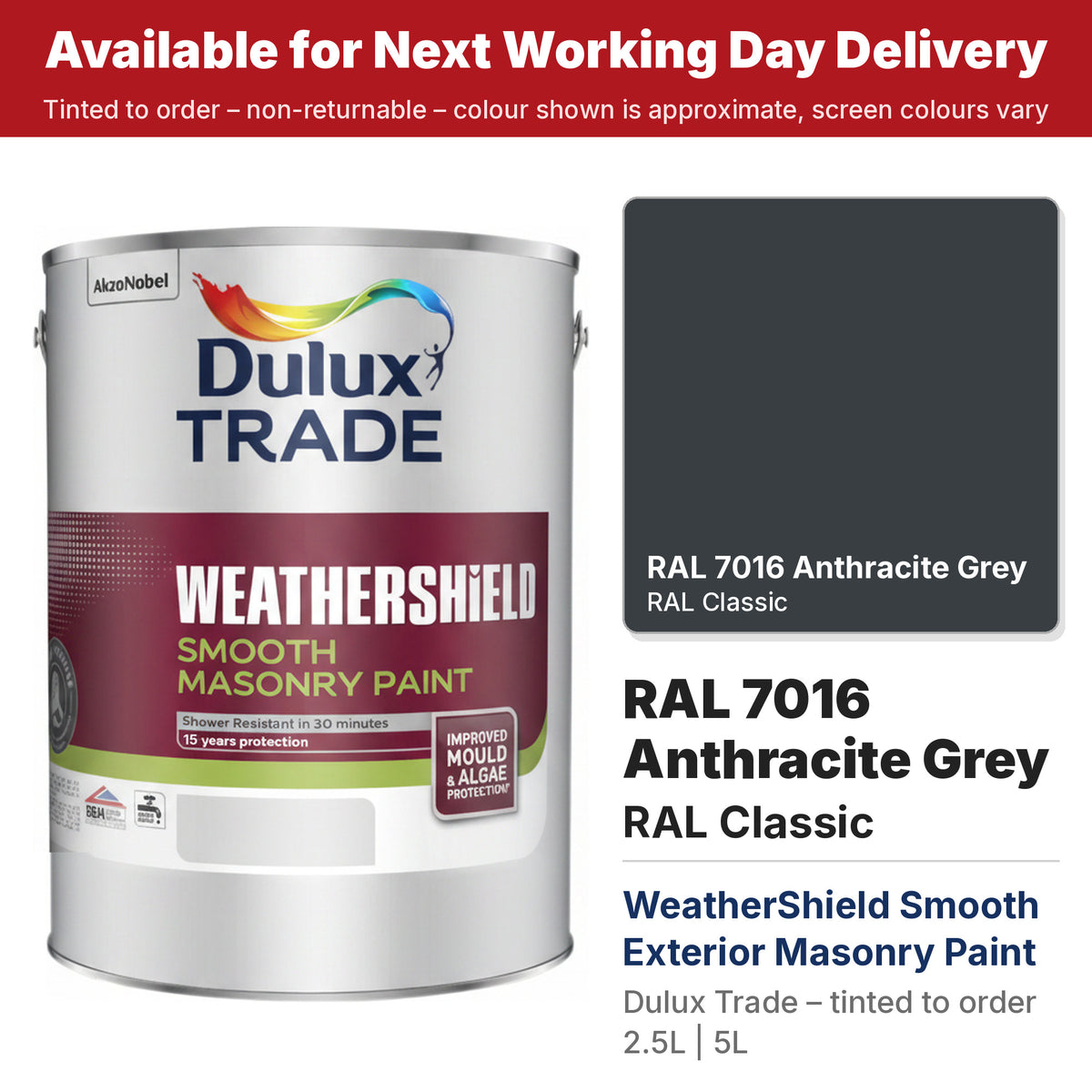 Dulux Trade WeatherShield Smooth Masonry tin with RAL 7016 Anthracite Grey colour swatch (#383E42)