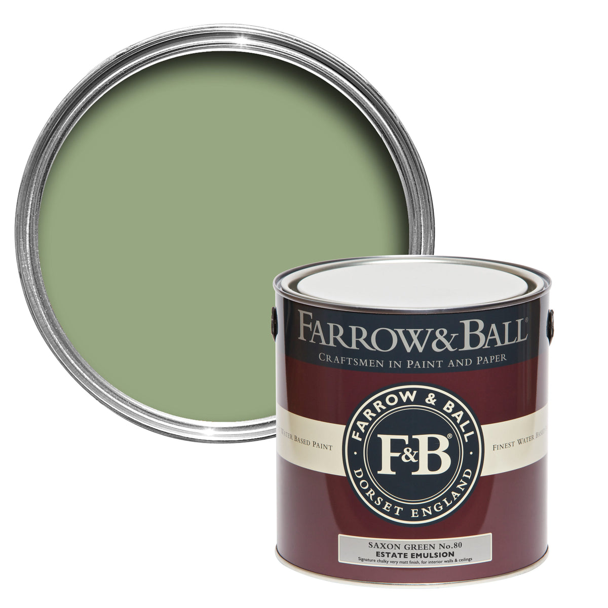 Farrow & Ball Saxon Green No.80 colour swatch and paint tin
