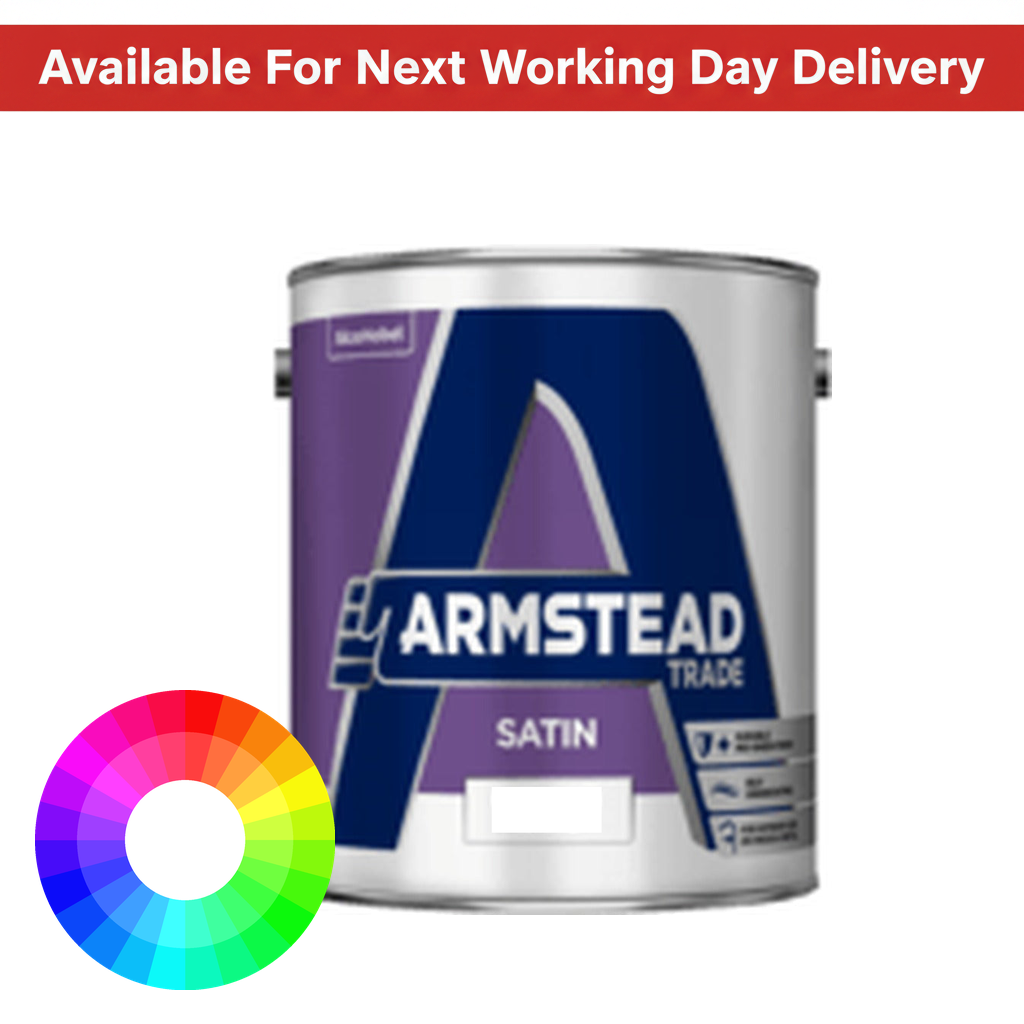 Armstead Trade Satin tinted colour 2.5 litre paint tin - available for next working day delivery - tough satin finish for interior wood and metal available in thousands of tinted colours