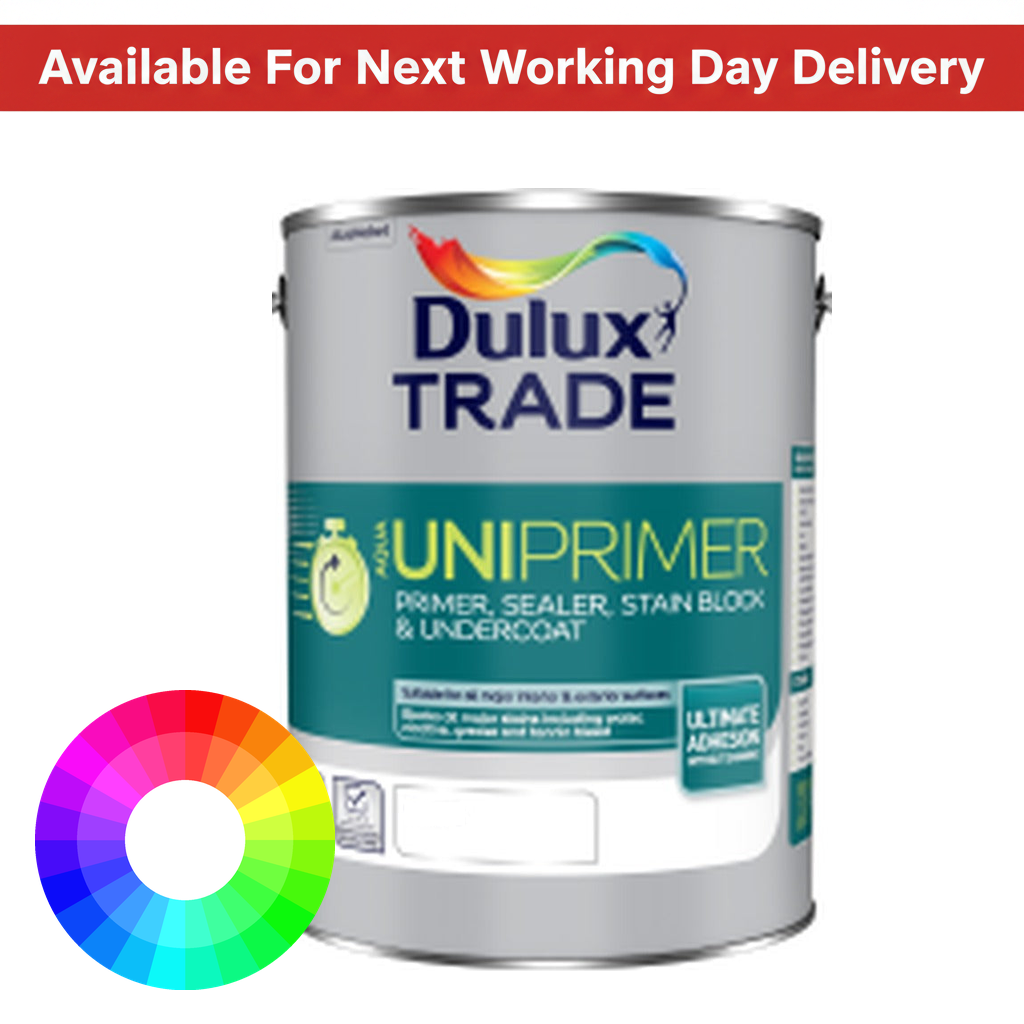 Dulux Trade Aqua UniPrimer tinted colour tin with next working day delivery banner and colour wheel - water based multi surface primer sealer stain block and undercoat tinted to your colour