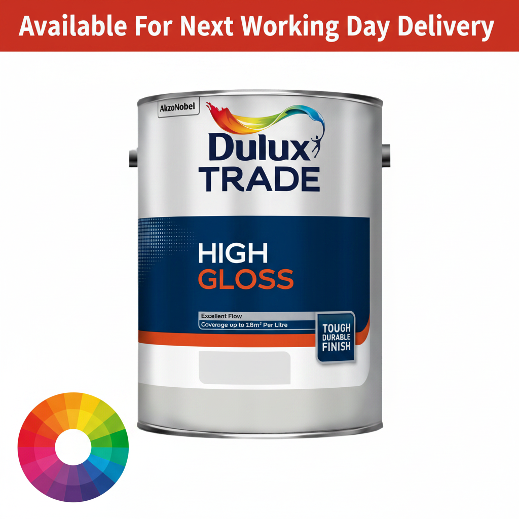 Dulux Trade High Gloss tinted colour paint tin with next working day delivery banner and colour wheel - excellent flow tough durable oil based gloss finish for interior and exterior wood and metal available in thousands of colours