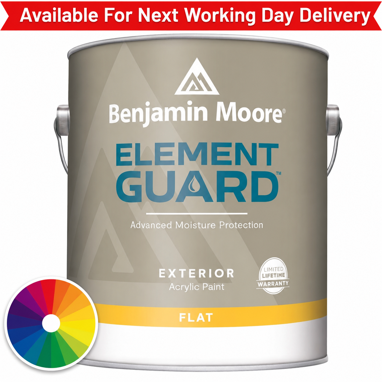 Benjamin Moore Element Guard paint can with color swatch on a white background