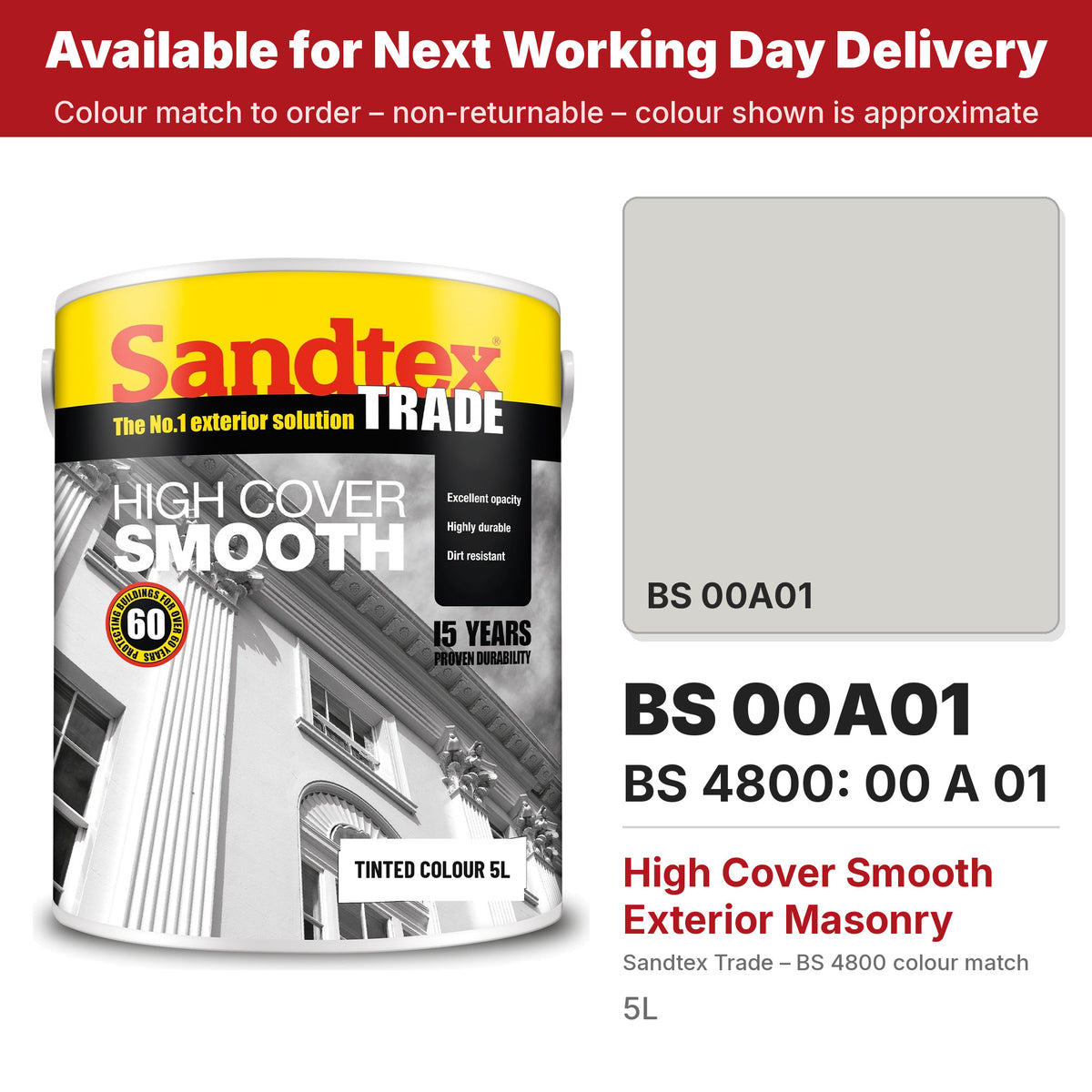 Sandtex Trade High Cover Smooth Masonry tin with BS 00A01 colour swatch (#D4D3CD)