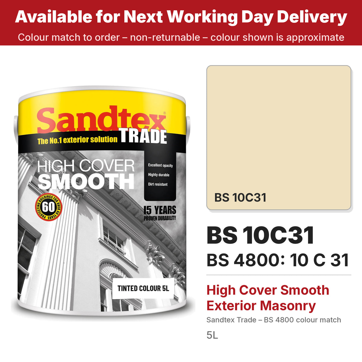 Sandtex Trade High Cover Smooth Masonry tin with BS 10C31 colour swatch (#F0E2C1)