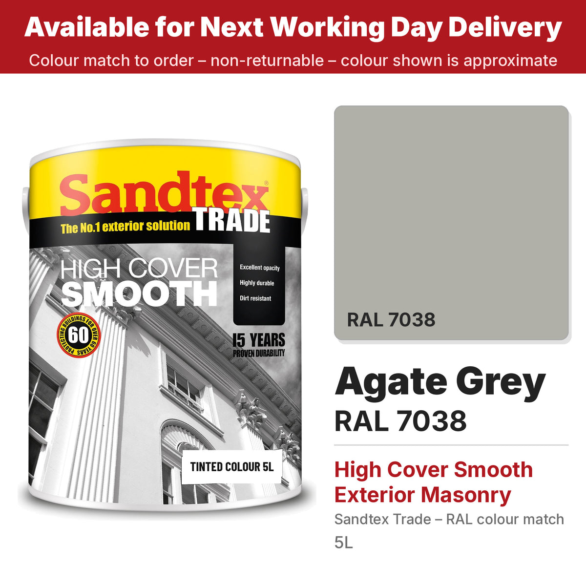 Sandtex Trade High Cover Smooth Masonry tin with RAL 7038 Agate Grey colour swatch (#B0B0A9)
