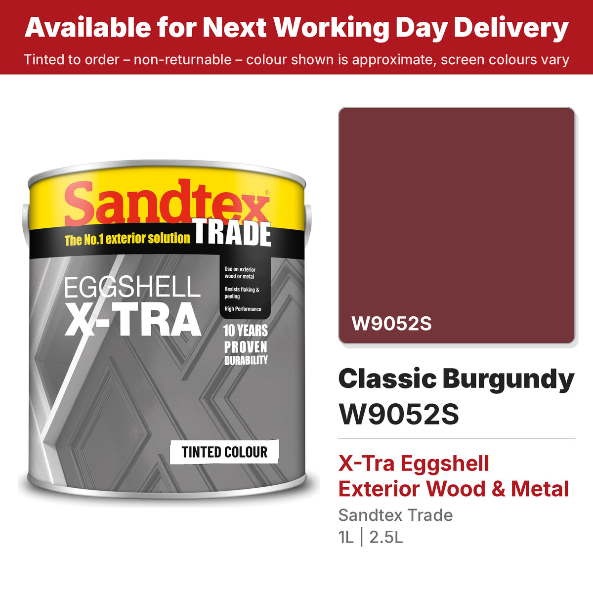 Sandtex Trade X-Tra Eggshell tin with Classic Burgundy colour swatch (#733539)