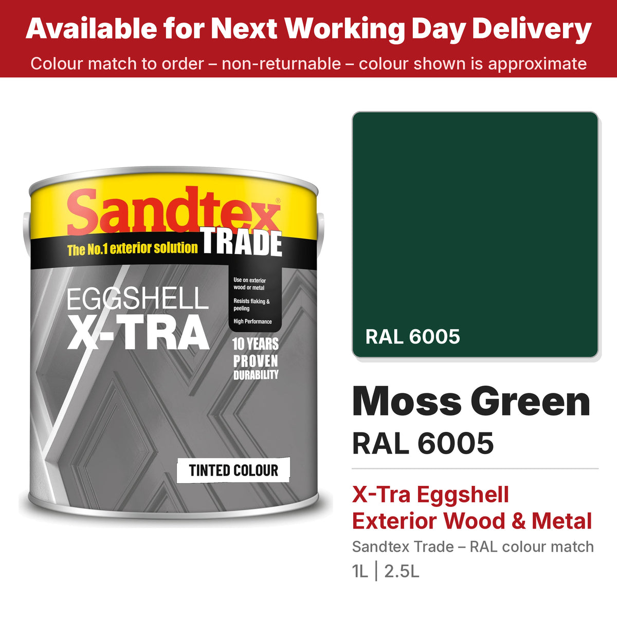 Sandtex Trade X-Tra Eggshell tin with RAL 6005 Moss Green colour swatch (#114232)