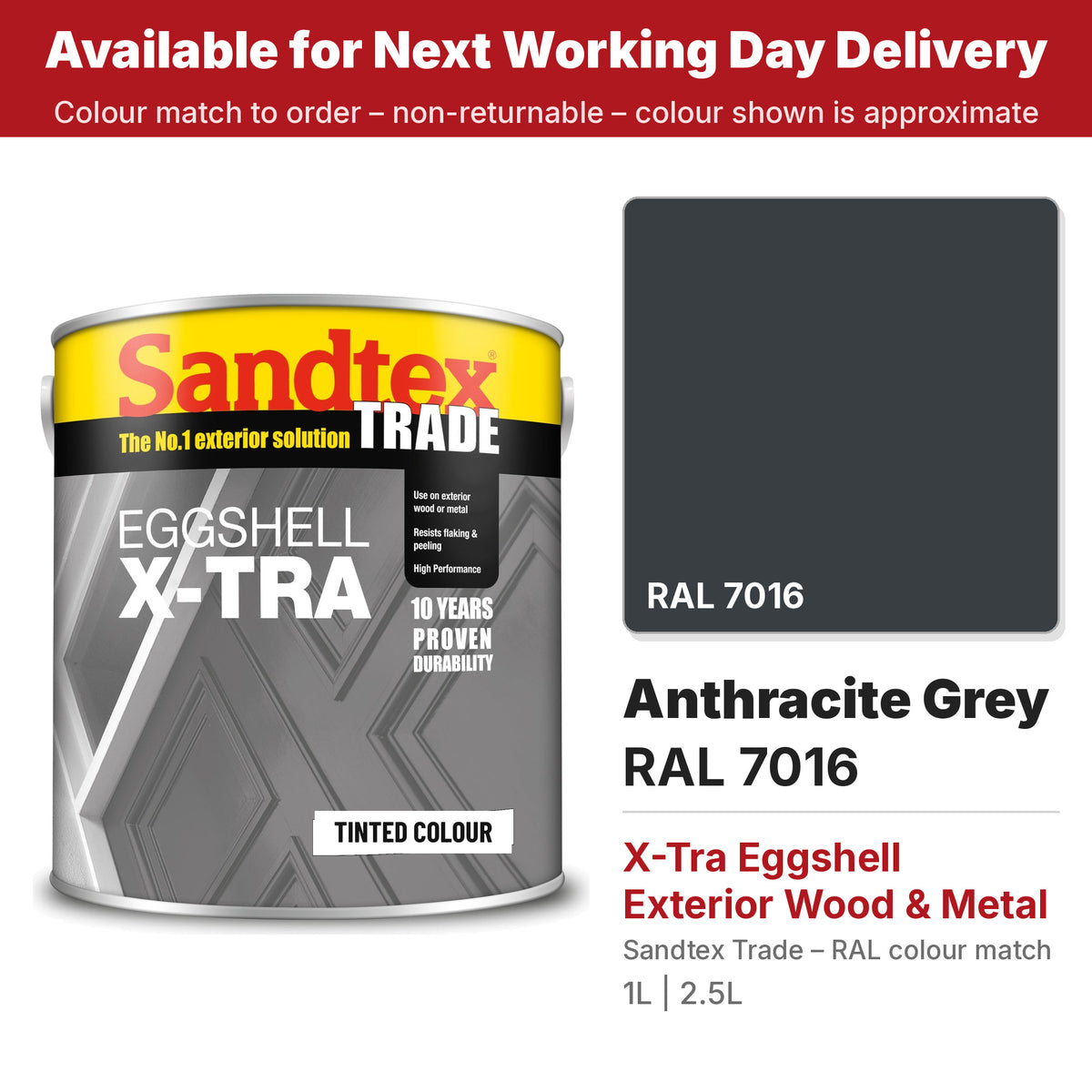 Sandtex Trade X-Tra Eggshell tin with RAL 7016 Anthracite Grey colour swatch (#383E42)