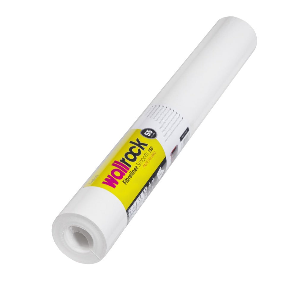 A roll of Wallrock Fibreliner Smooth lining paper, predominantly white with product details visible on the label.