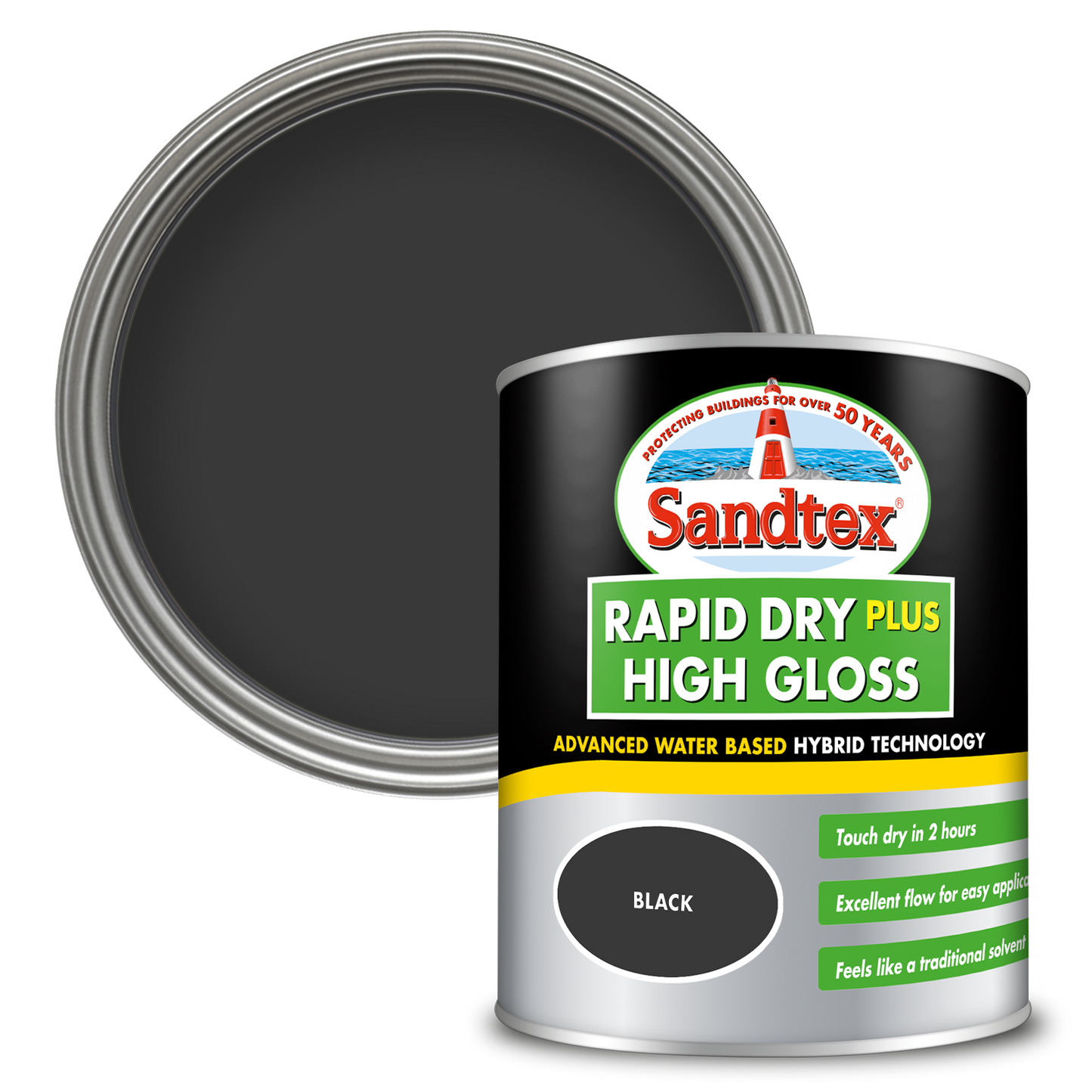 Sandtex Rapid Dry Plus High Gloss Paint - Black - 750ml