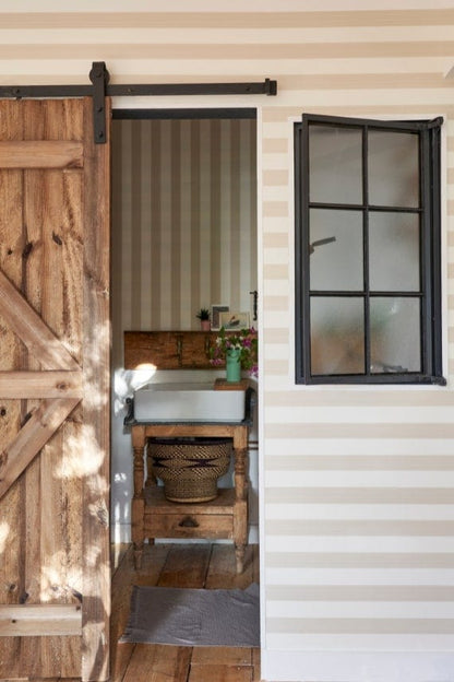 Farrow & Ball Five Over Stripe wallpaper in a room setting