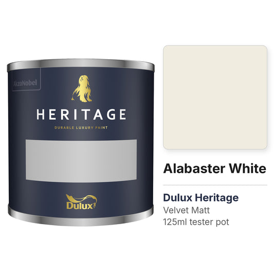 Dulux Heritage Alabaster White 125ml tester pot and colour swatch
