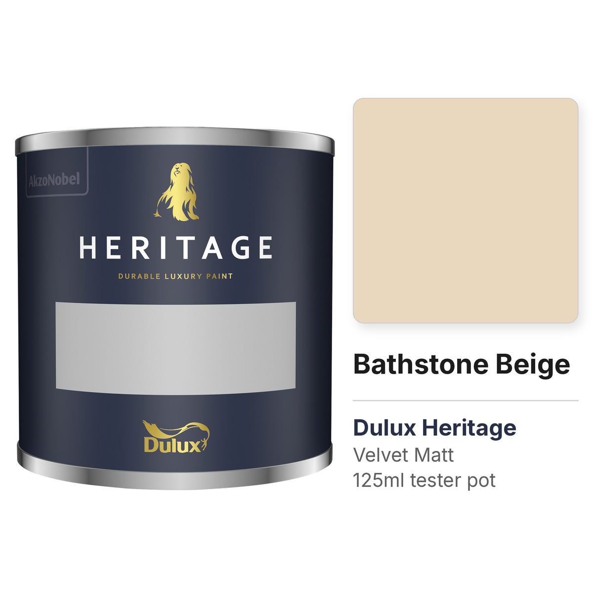 Dulux Heritage Bathstone Beige 125ml tester pot and colour swatch