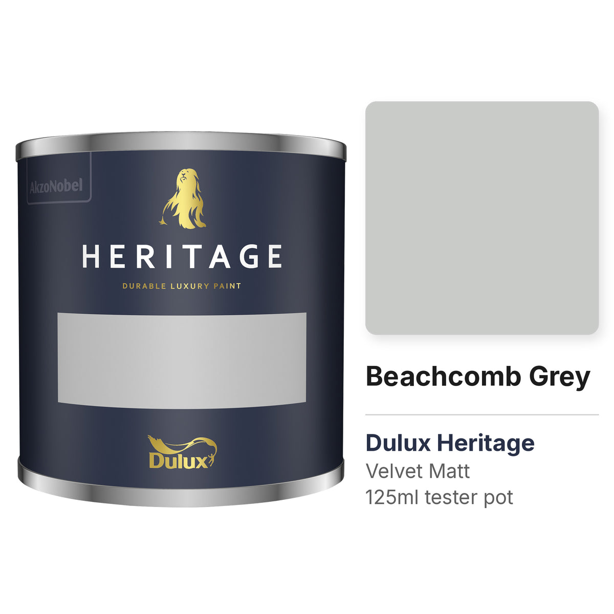 Dulux Heritage Beachcomb Grey 125ml tester pot and colour swatch