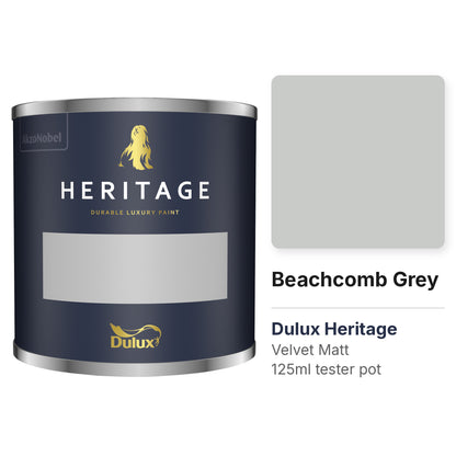 Dulux Heritage Beachcomb Grey 125ml tester pot and colour swatch