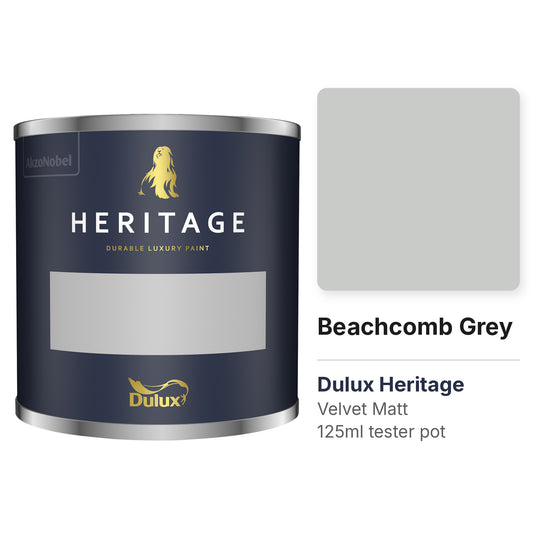 Dulux Heritage Beachcomb Grey 125ml tester pot and colour swatch