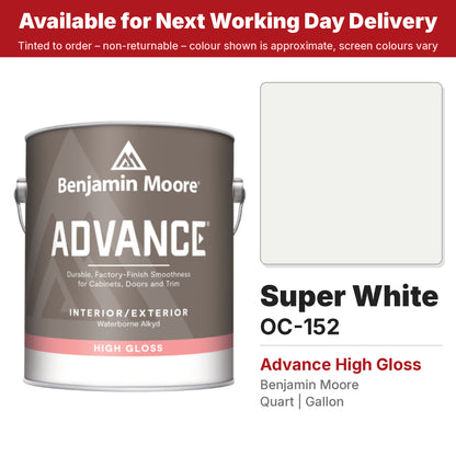 Benjamin Moore Super White OC-152 Advance High Gloss colour swatch and tin