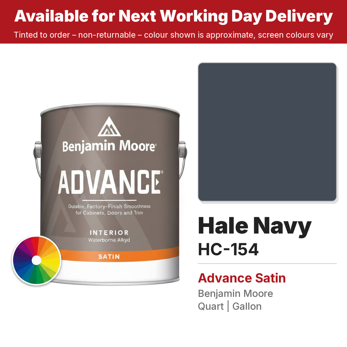 Benjamin Moore Hale Navy HC-154 Advance Satin colour swatch and tin