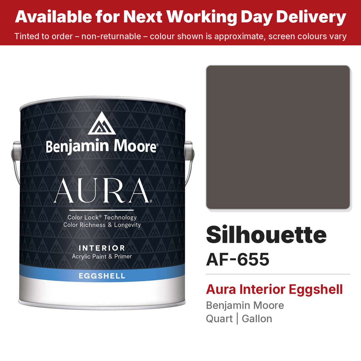 Benjamin Moore Silhouette AF-655 Aura Interior Eggshell colour swatch and tin
