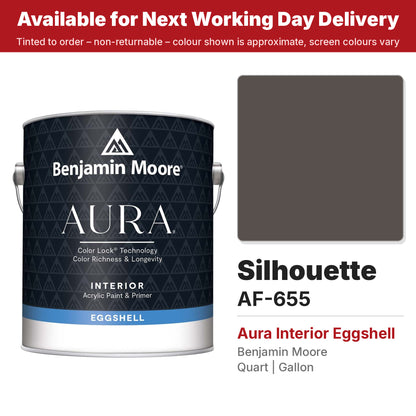 Benjamin Moore Silhouette AF-655 Aura Interior Eggshell colour swatch and tin