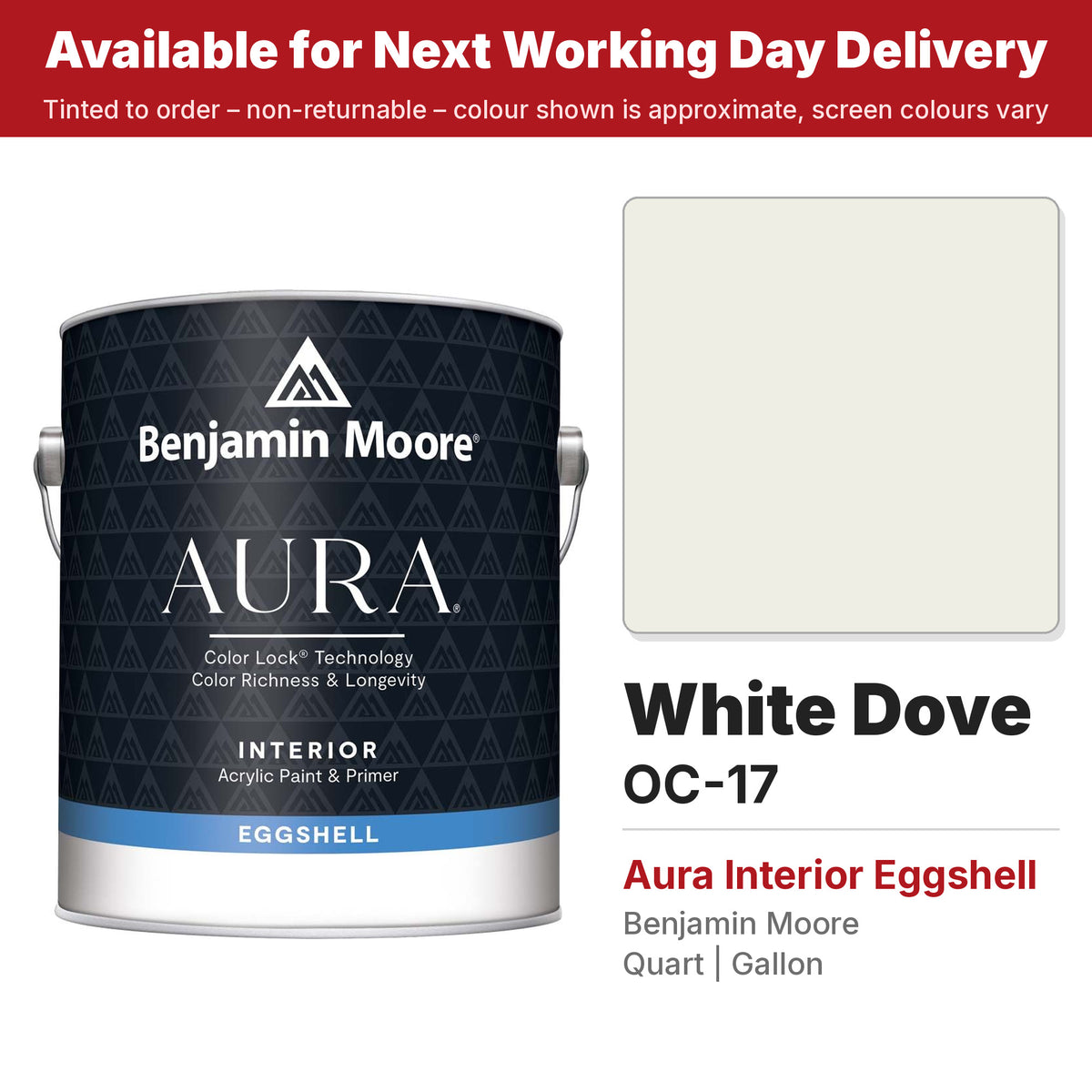 Benjamin Moore White Dove OC-17 Aura Interior Eggshell colour swatch and tin