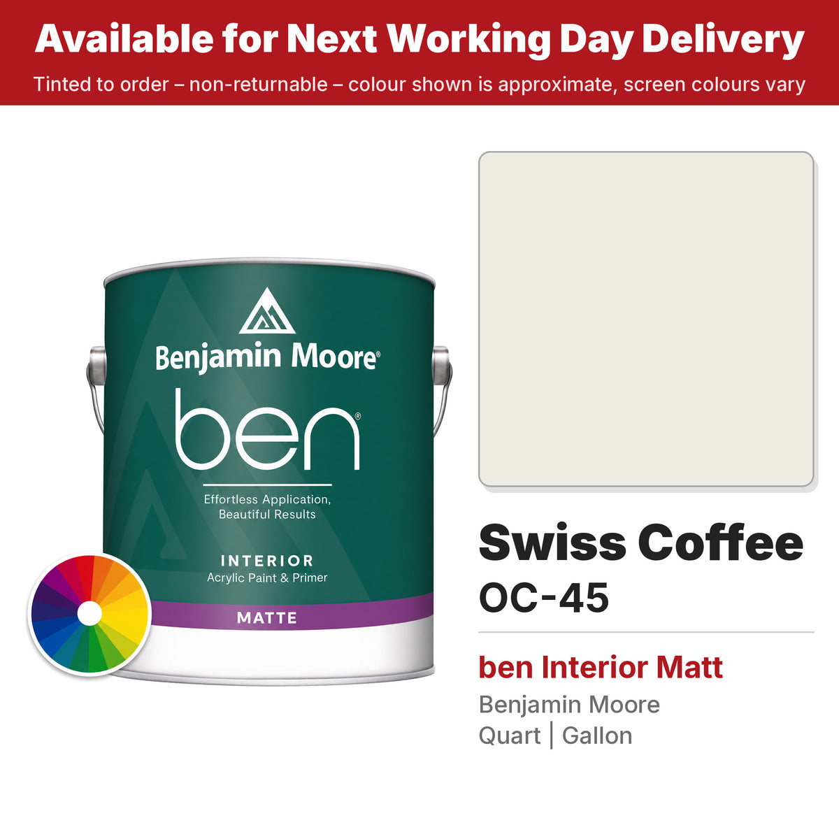 Benjamin Moore Swiss Coffee OC-45 ben Interior Matt colour swatch and tin