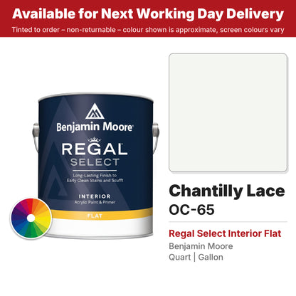 Benjamin Moore Chantilly Lace OC-65 Regal Select Interior Flat colour swatch and tin