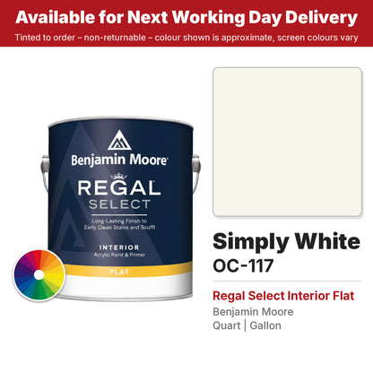 Benjamin Moore Simply White OC-117 Regal Select Interior Flat colour swatch and tin