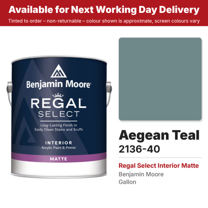 Benjamin Moore Aegean Teal 2136-40 Regal Select Interior Matte colour swatch and tin